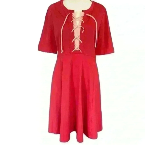 Anthropologie Maeve Red/Pink Jersey Short Sleeve Dress Lace Up Tie Front Size S - Picture 1 of 9
